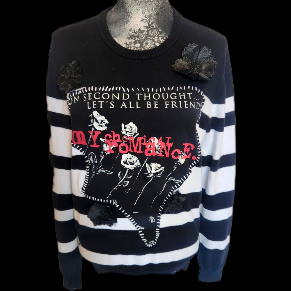 Black and White Sweater With MY Chemical Romance Patch Womens MED- lrg